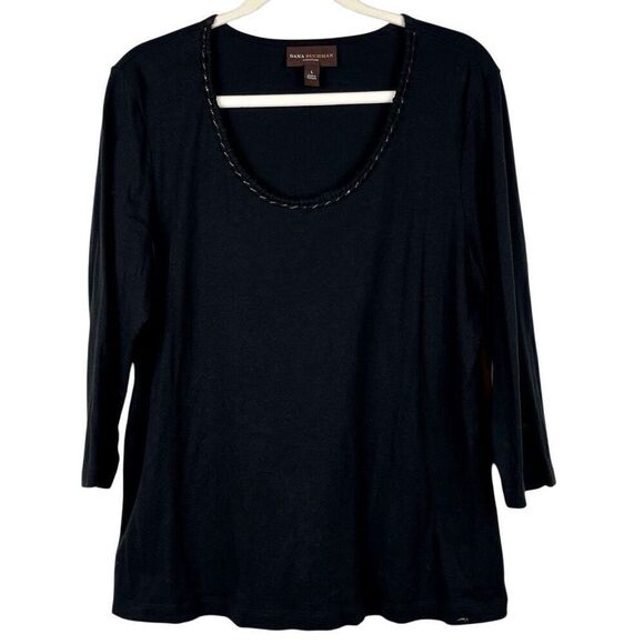 Dana Buchman Signature Black 3/4 Sleeve Tee Rope Chain Collar Large - Picture 1 of 9